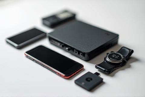 Closeup of several electronic gadgets arranged neatly for a product shot.